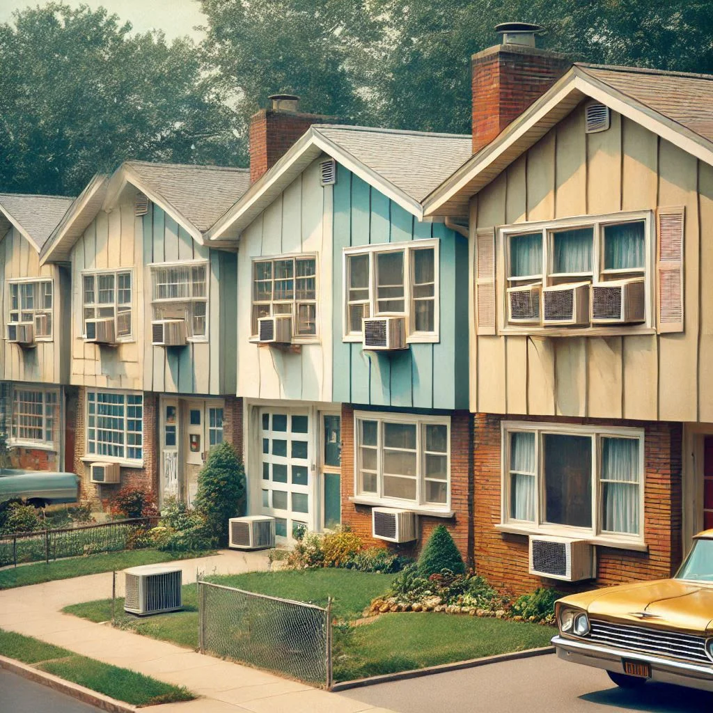 A 1960s suburban neighborhood with air conditioning units visible in the windows of houses, reflecting the status and modernity associated with owning air conditioning during this time.