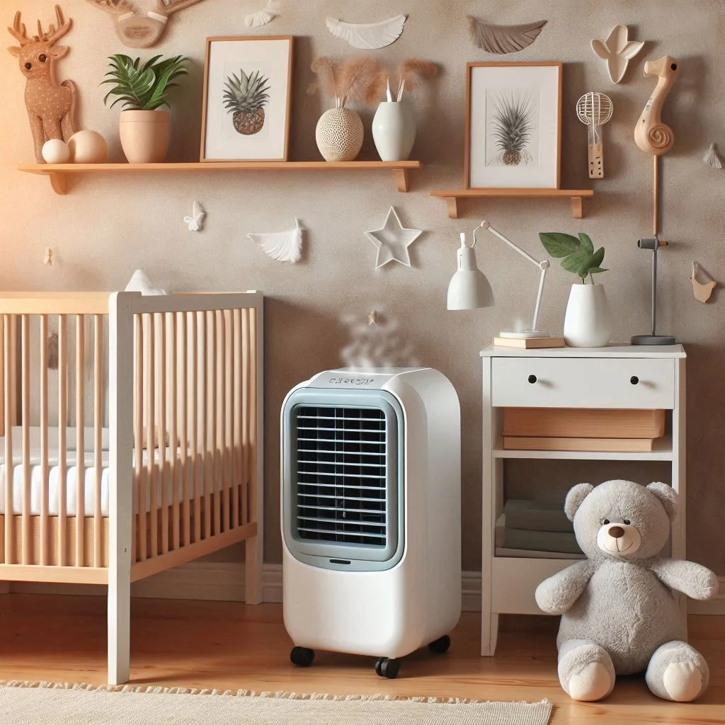 A modern nursery with an Evapolar portable air cooler on a shelf, emitting a cool, soothing breeze while fitting stylishly into the decor.