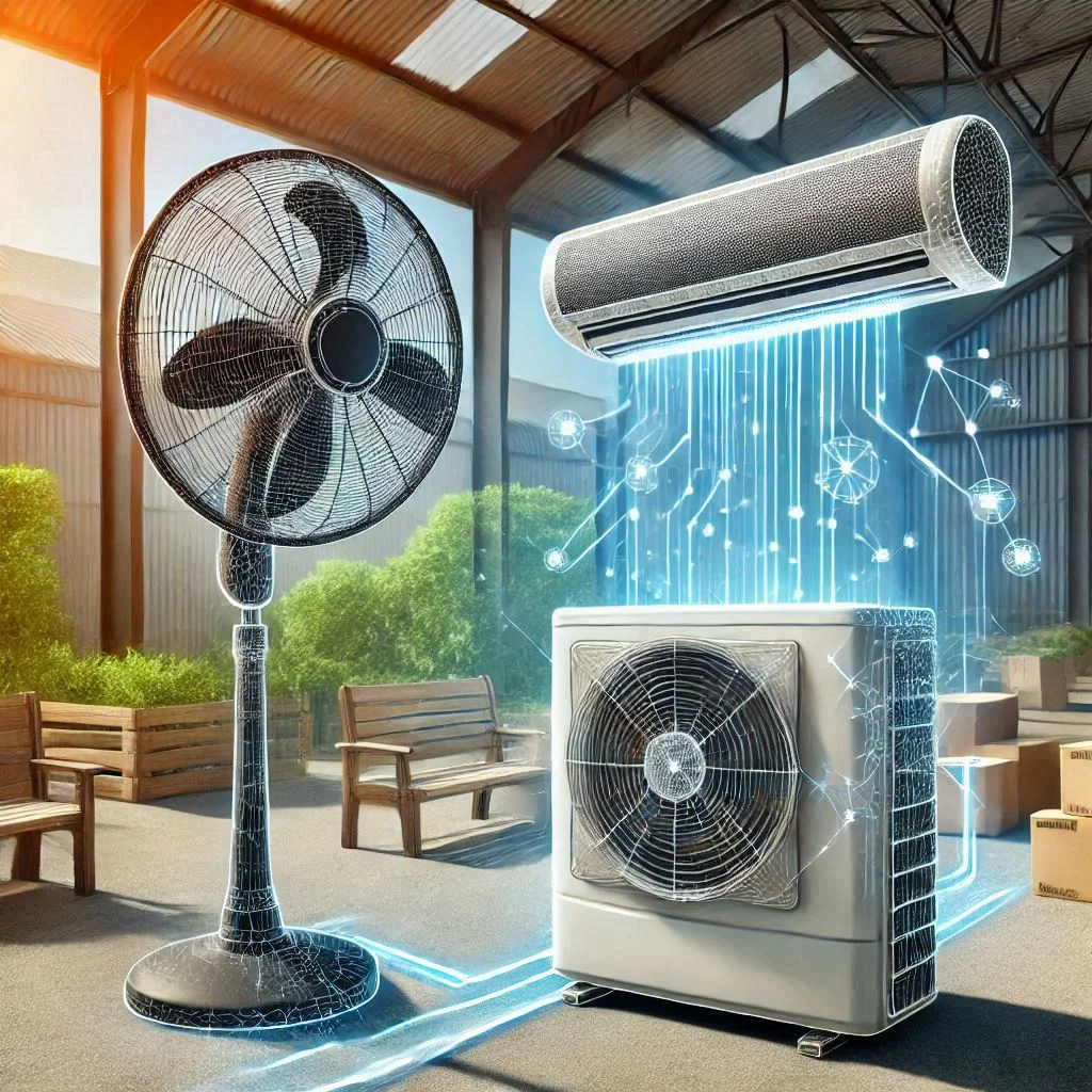 Generate an image of a portable air conditioner in an outdoor space with a fan nearby, showing how both can be used together for better cooling efficiency.