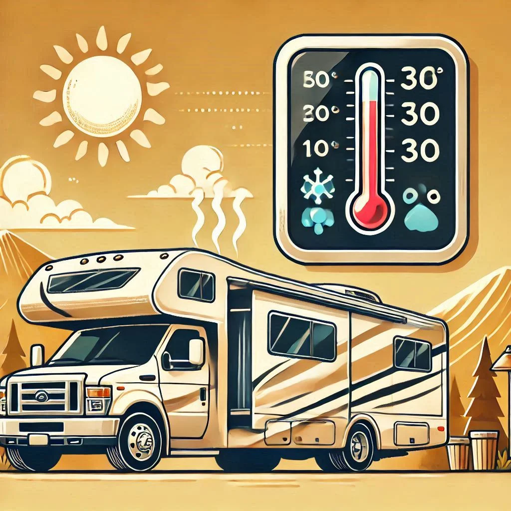 : An image of an RV in a hot, sunny climate, with a thermometer showing high temperatures and a humidity meter indicating elevated levels.