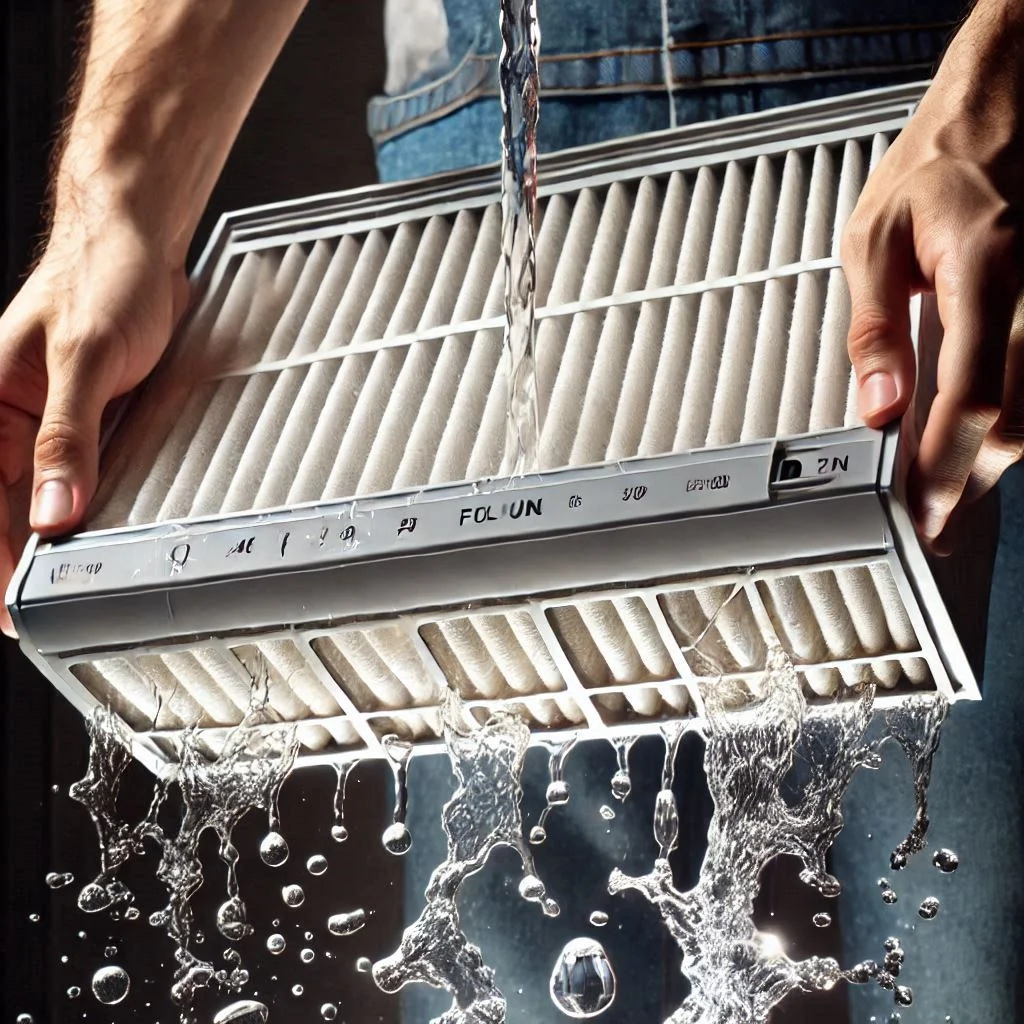 "A close-up of an AC filter being cleaned under running water, emphasizing proper maintenance for allergy prevention."