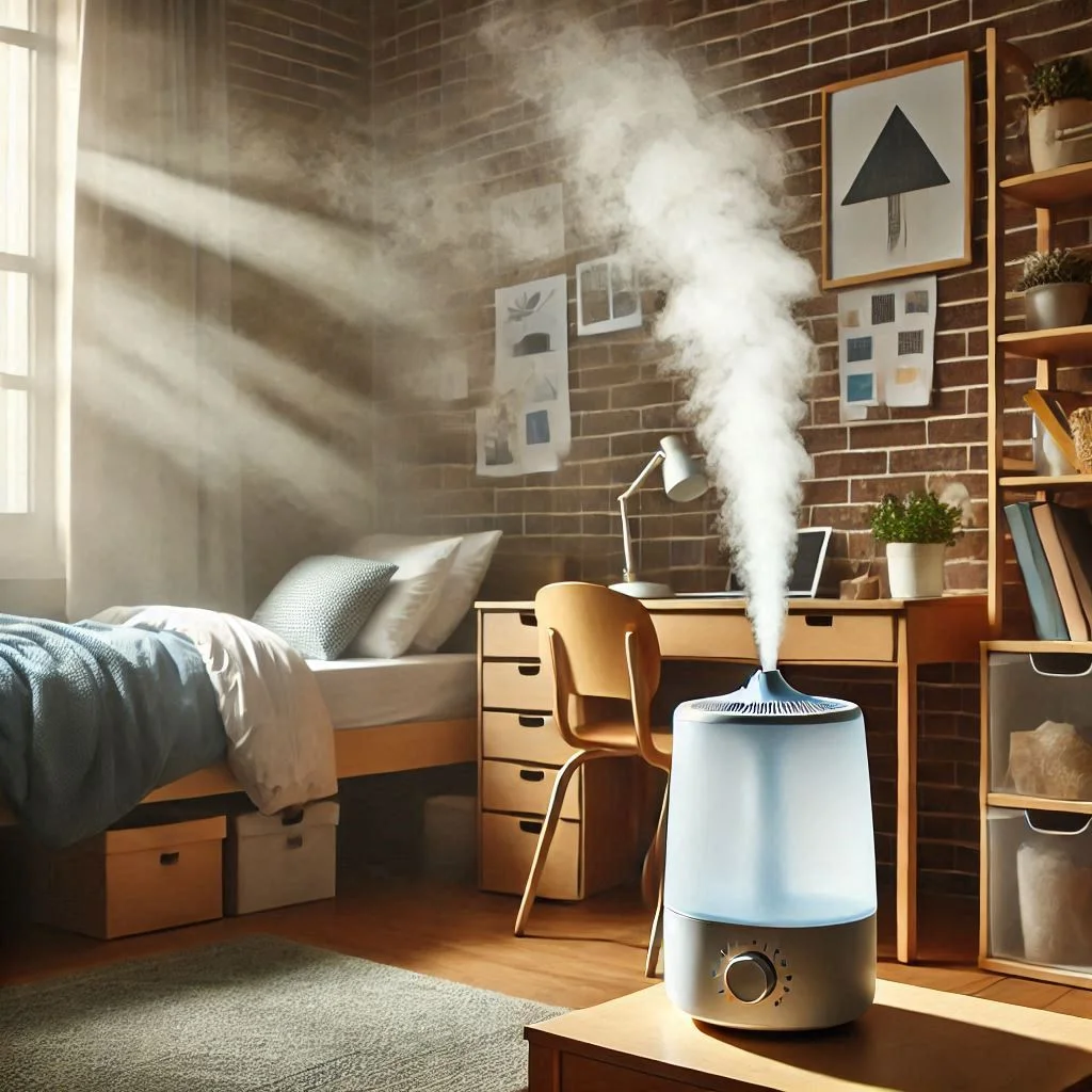 "Cold mist humidifier releasing a cool mist in a dorm room with a comfortable, humid environment."