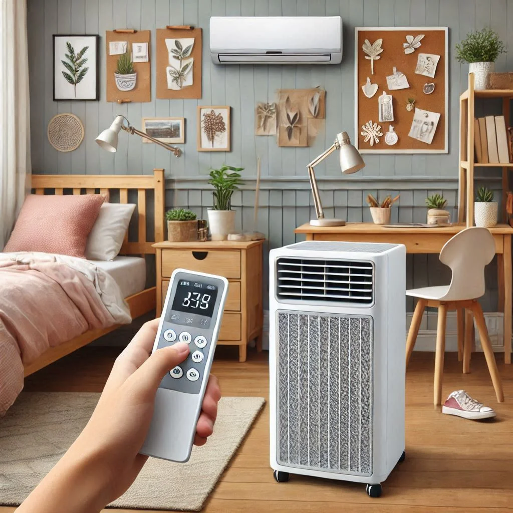 "Mid-range portable air conditioner with remote control cooling a medium-sized dorm room"