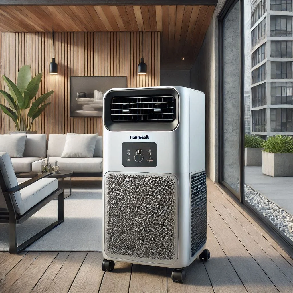 Generate an image of the Honeywell MN10CESBB portable air conditioner cooling a modern patio with a sleek design, showing its compact and space-saving nature.