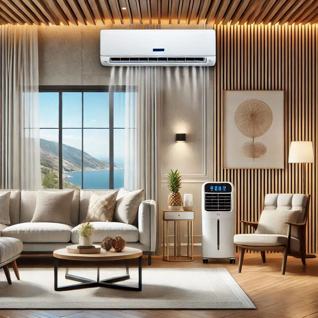 "Whynter Dual Hose Portable Air Conditioner in a spacious living room, emphasizing the dual hose feature and sleek design." 