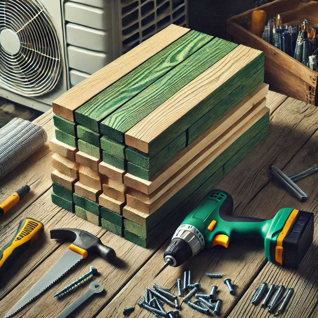 "A stack of pressure-treated wood boards with visible greenish tint, placed next to a drill, screws, and a saw, ready for a DIY air conditioner fence project."