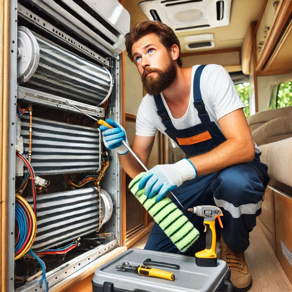 "A technician cleaning the evaporator coil in an RV air conditioning unit to maintain efficiency."