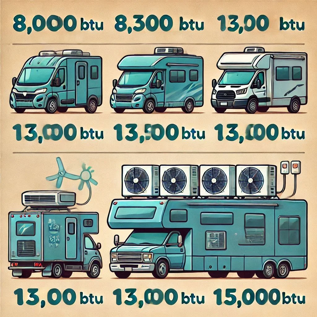 "A comparison table showing the wattage consumption of different RV AC unit sizes (8,000 BTU, 13,500 BTU, 15,000 BTU)"