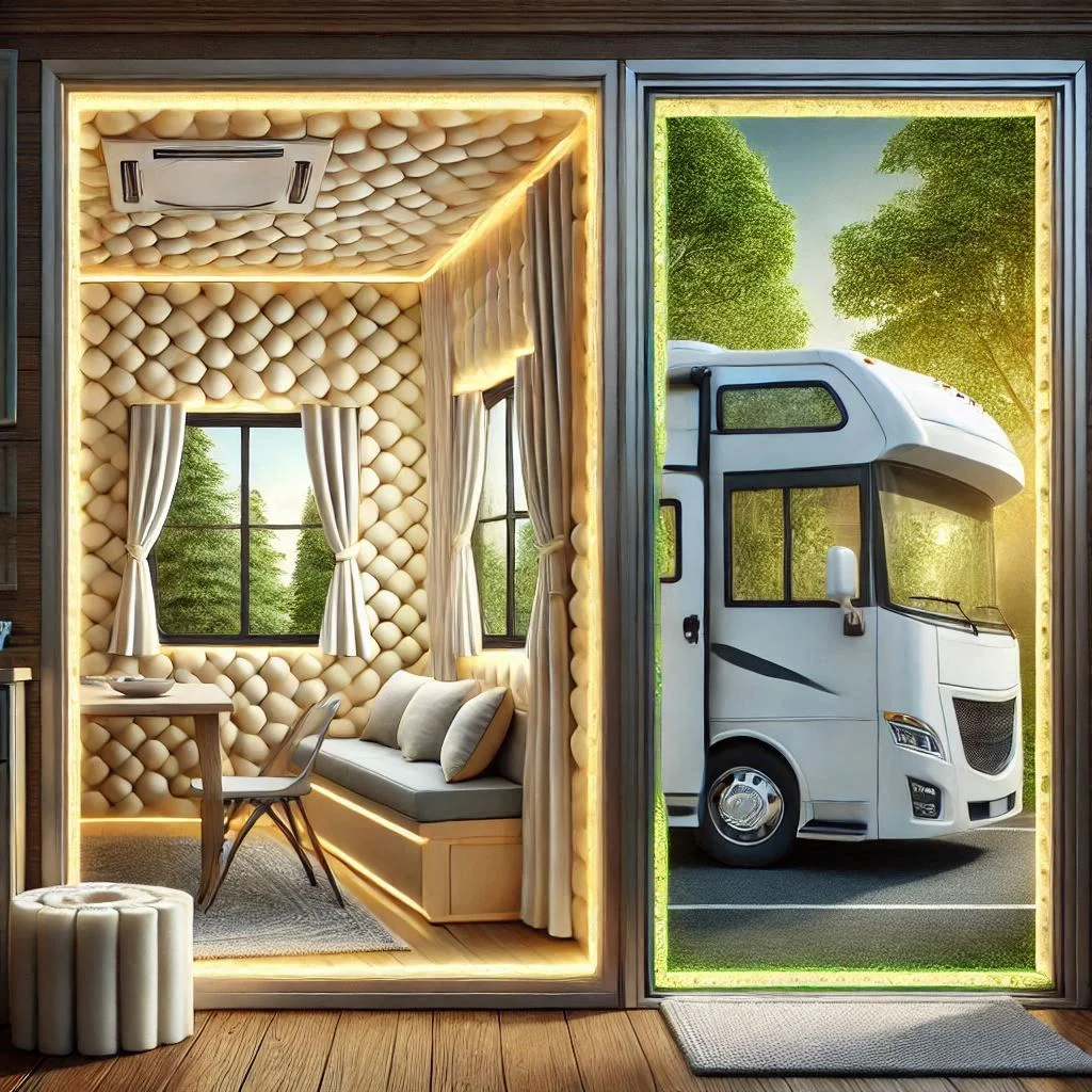 "An image showing RV windows with thermal insulation panels and weather stripping installed on doors, illustrating how insulation reduces energy consumption."