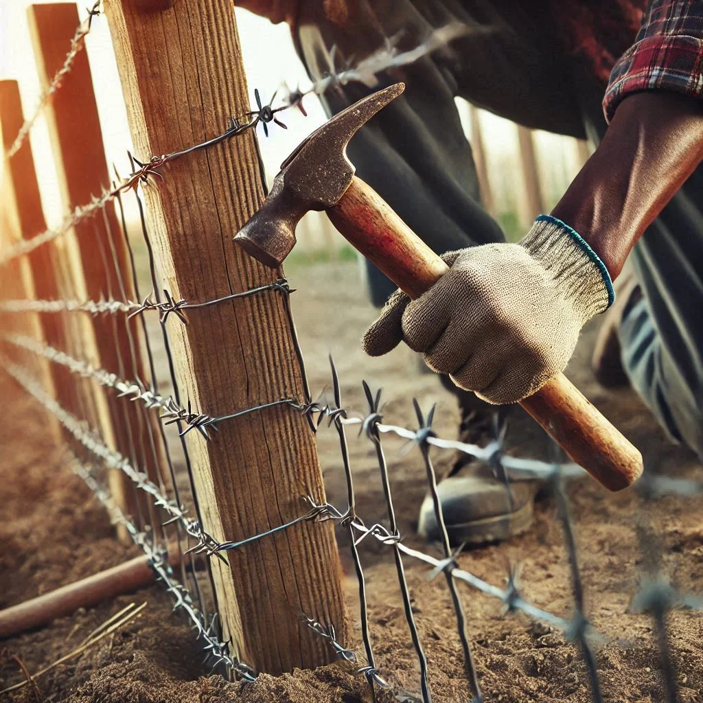 "Close-up of a person installing fence spikes into the ground, with a wooden post placed upright and a hammer in hand."