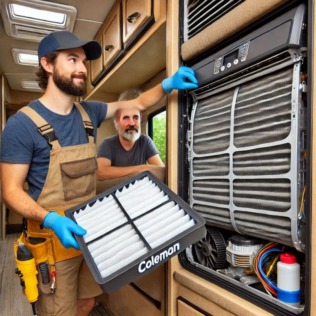 "Image of a technician cleaning the air filter and coils of a Coleman Mach RV air conditioner during regular maintenance."