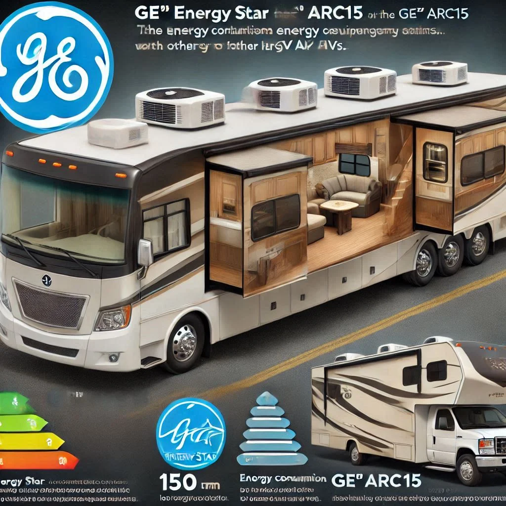 "An infographic showing the Energy Star certification label of the GE® ARC15, along with energy consumption comparisons to other RV air conditioners."