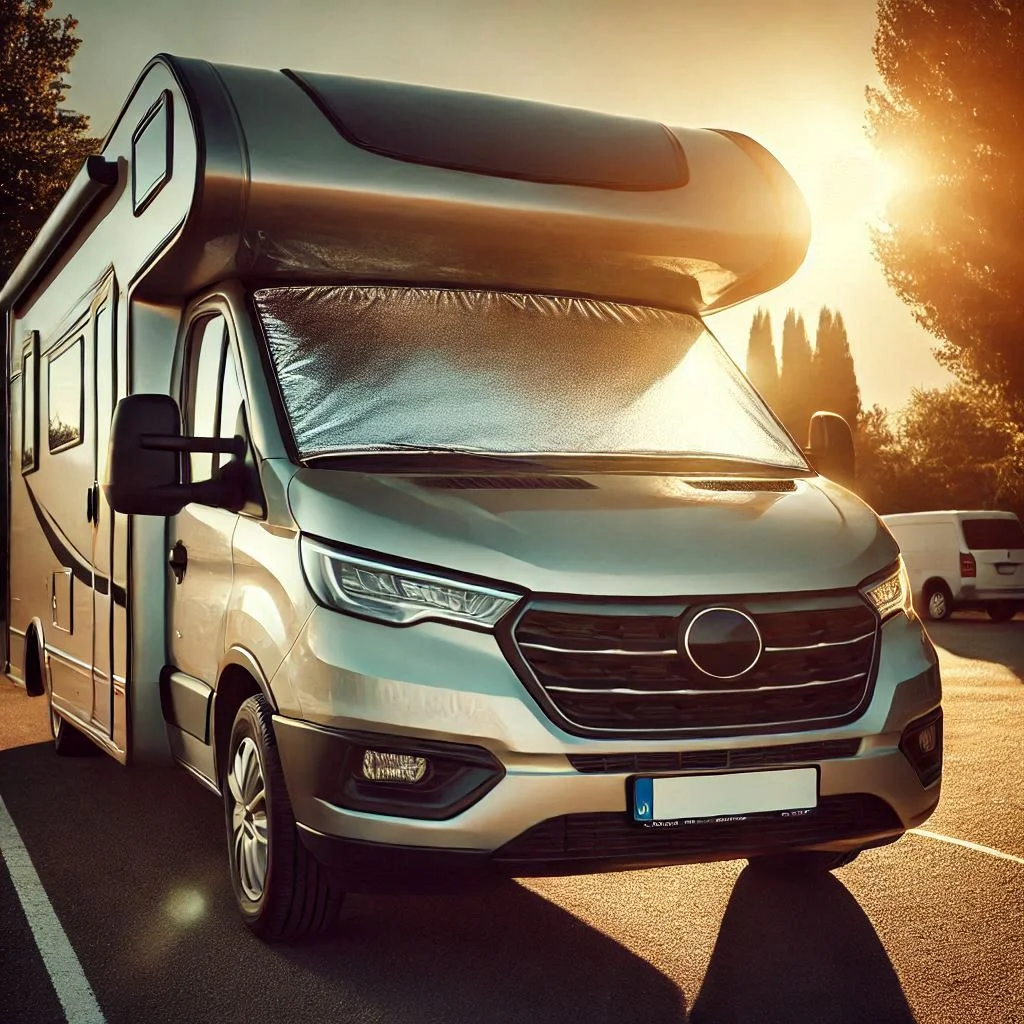 A camper van parked under the sun with reflective covers on the windshield and windows, highlighting their effectiveness in blocking heat.