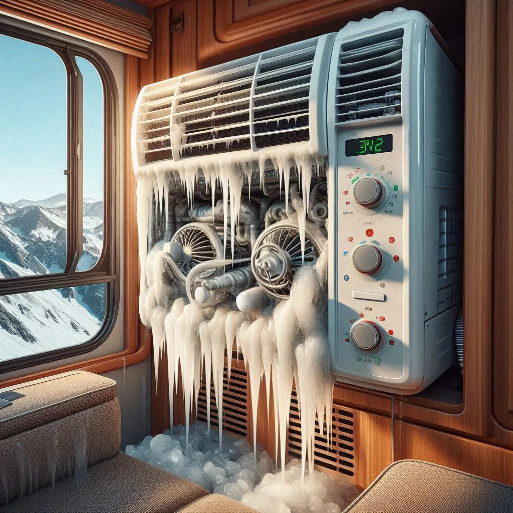 Image of an RV air conditioner with frozen evaporator coils, a common sign of low refrigerant levels.