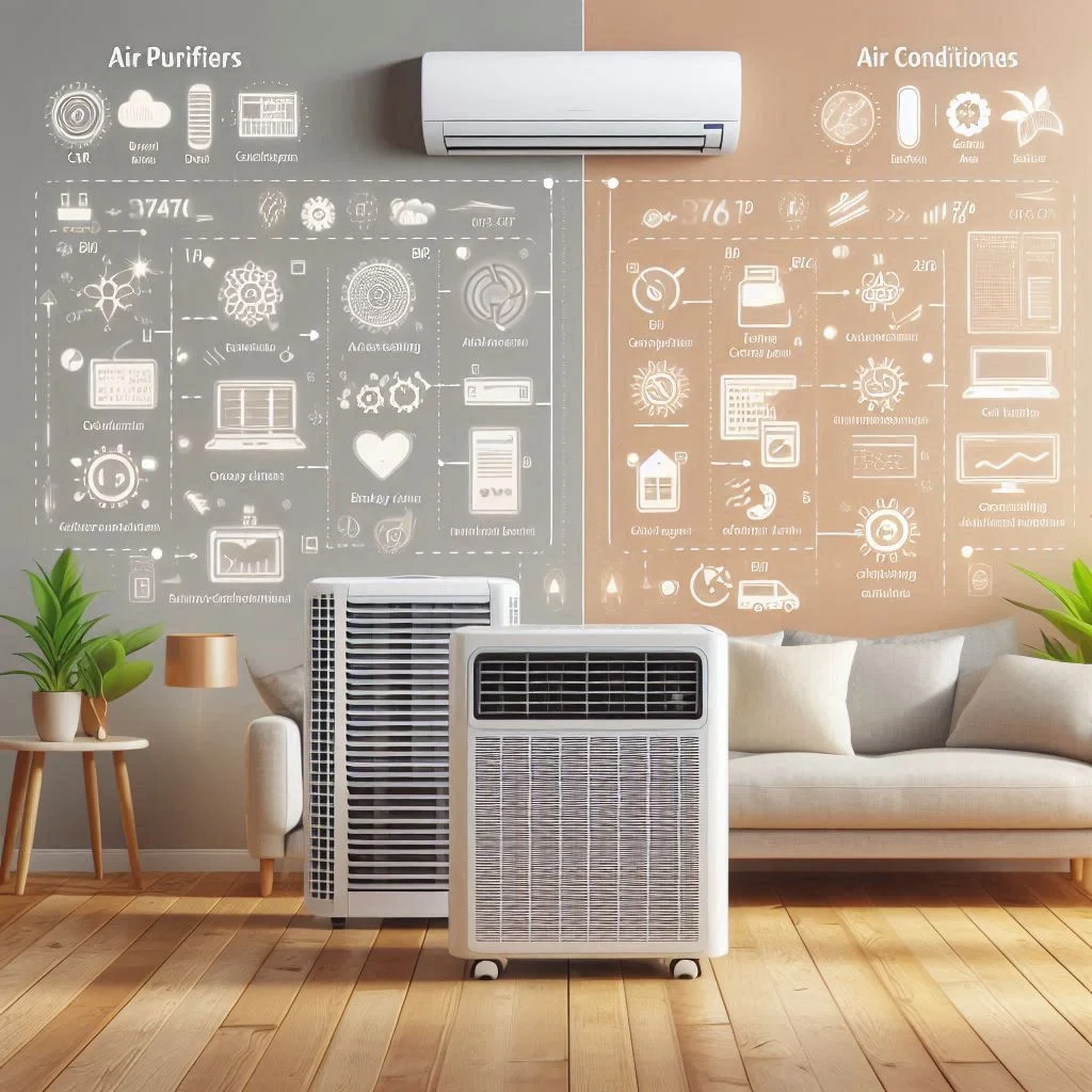 A side-by-side comparison of air purifiers and air conditioners with their features highlighted, such as CADR, BTU, noise levels, and energy efficiency ratings.