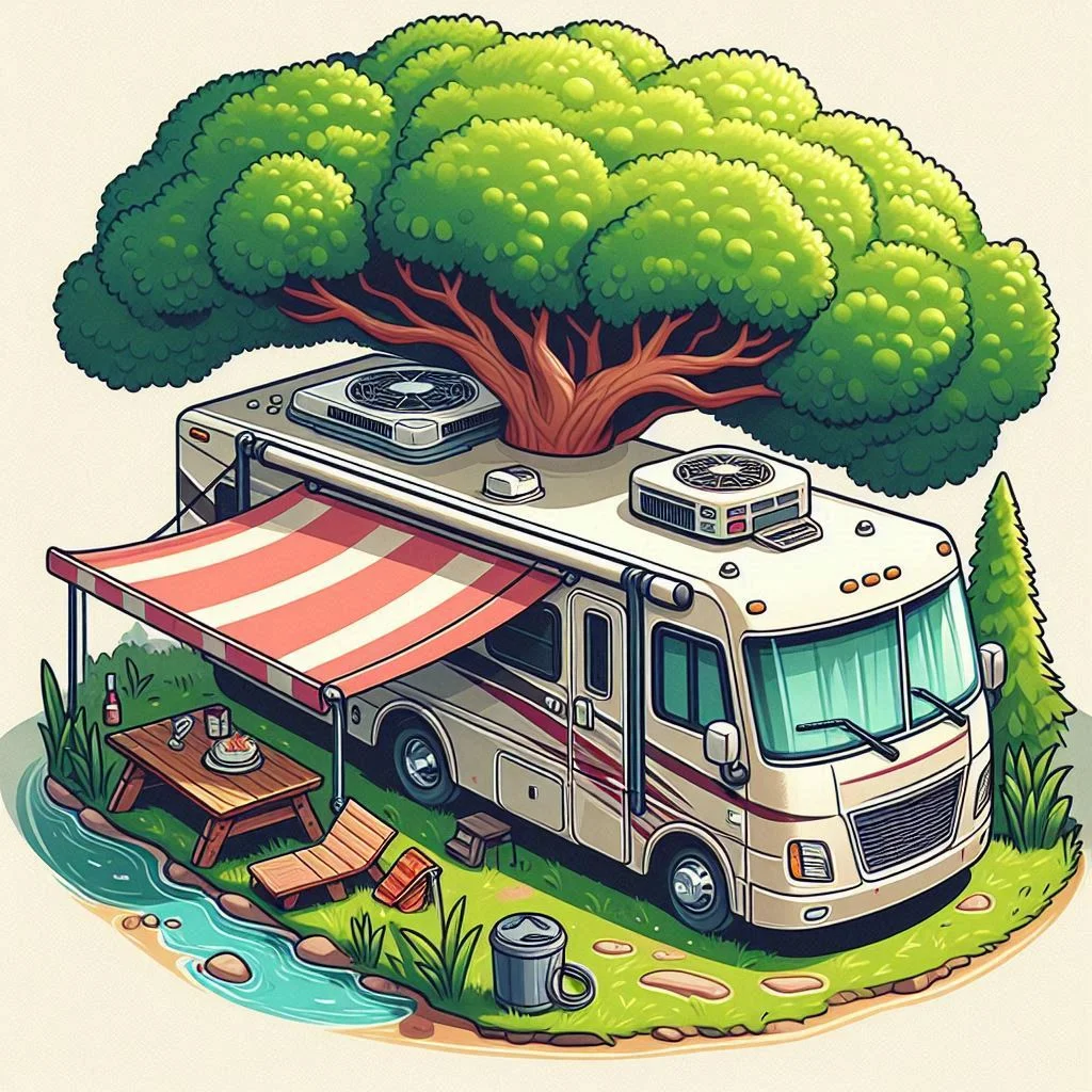 "An RV parked under a shaded tree with the air conditioner running efficiently."