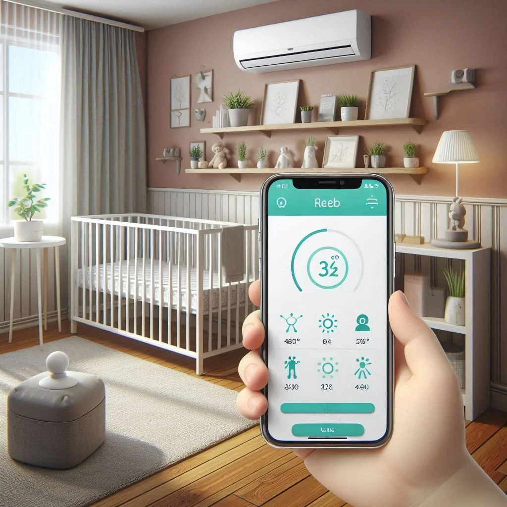 A nursery with a smart air conditioner showing a mobile app interface displaying temperature and scheduling options.