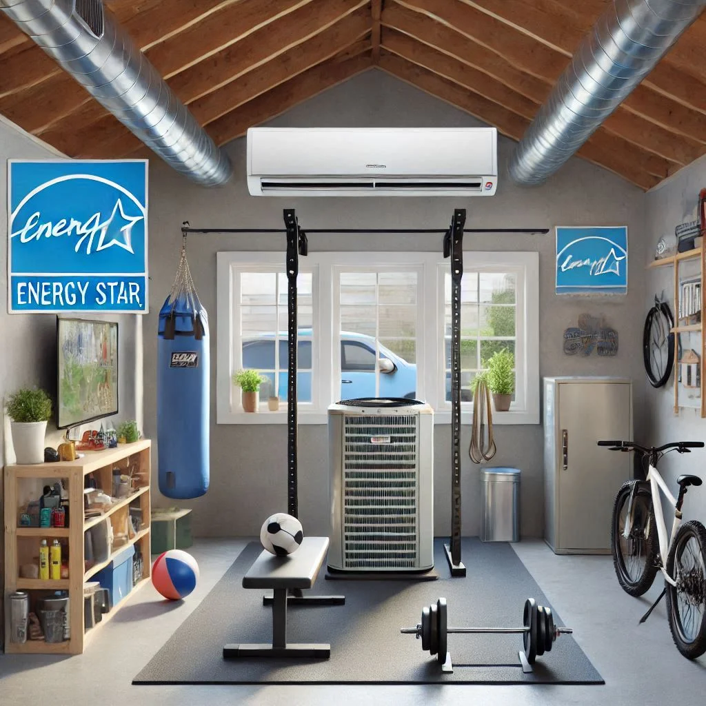 An Energy Star certified AC unit installed in a garage gym or a ductless mini-split system.