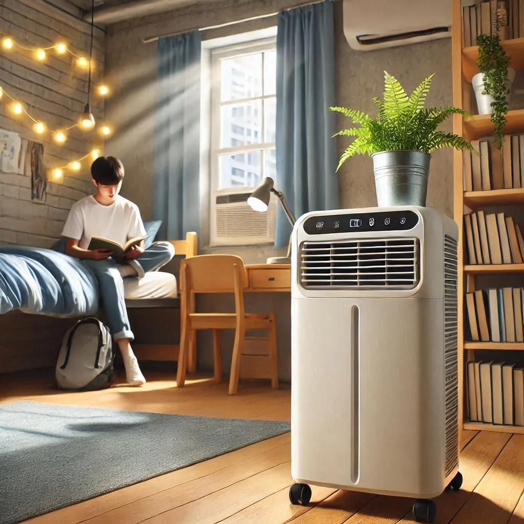 "Portable air conditioner operating quietly in a dorm room, with focus on the low noise level and study environment."