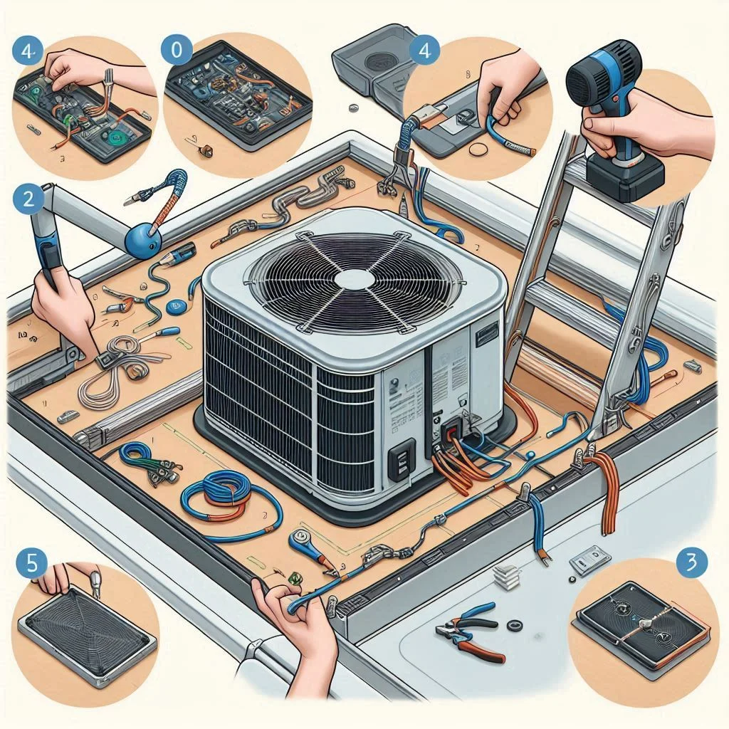 "A step-by-step visual diagram of a 12V air conditioner being installed on an RV roof, with key steps like securing the brackets, connecting wires, and sealing edges highlighted."