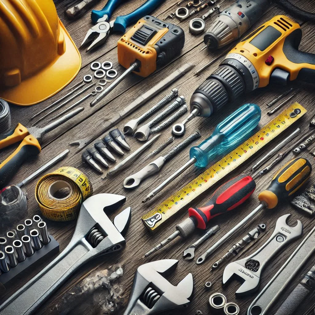 An image of a variety of tools laid out on a workbench, including screwdrivers, wrenches, drill, measuring tape, and safety equipment, indicating preparation for installation.