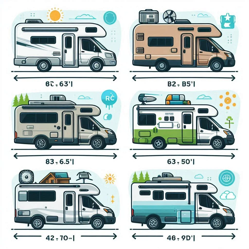 Illustration showing different camper van sizes with recommended BTU ratings for cooling capacity.