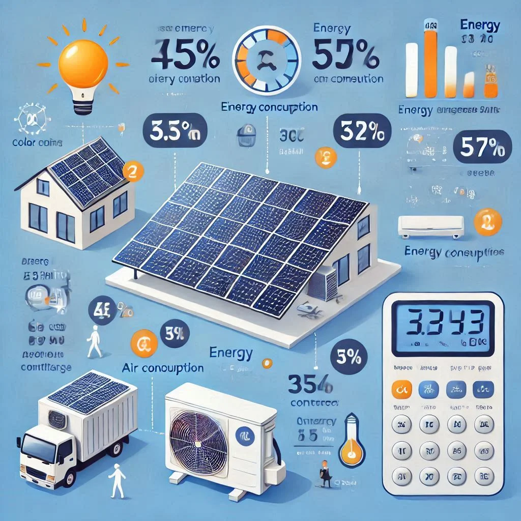 "Infographic showing how to calculate solar panel capacity for an air conditioning unit, including energy consumption and panel wattage."