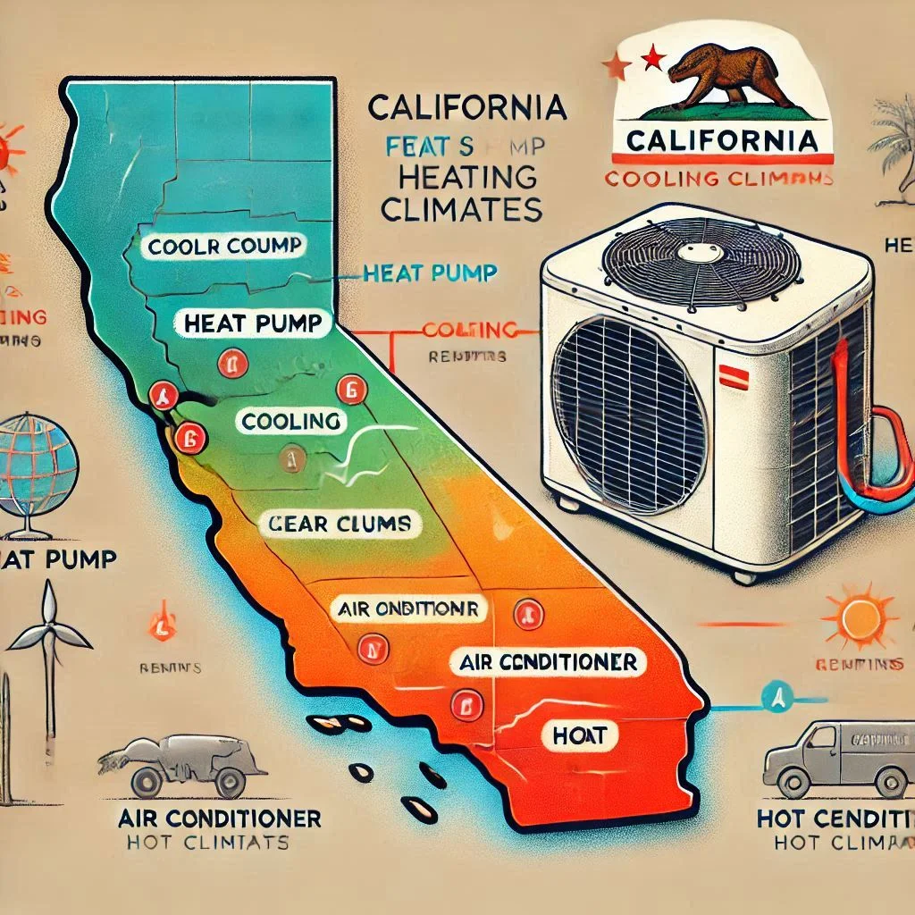 An illustrated map of California highlighting different regions with cooling vs. heating needs. Show how a heat pump fits into cooler climates and an air conditioner fits into hot climates with appropriate temperature ranges.