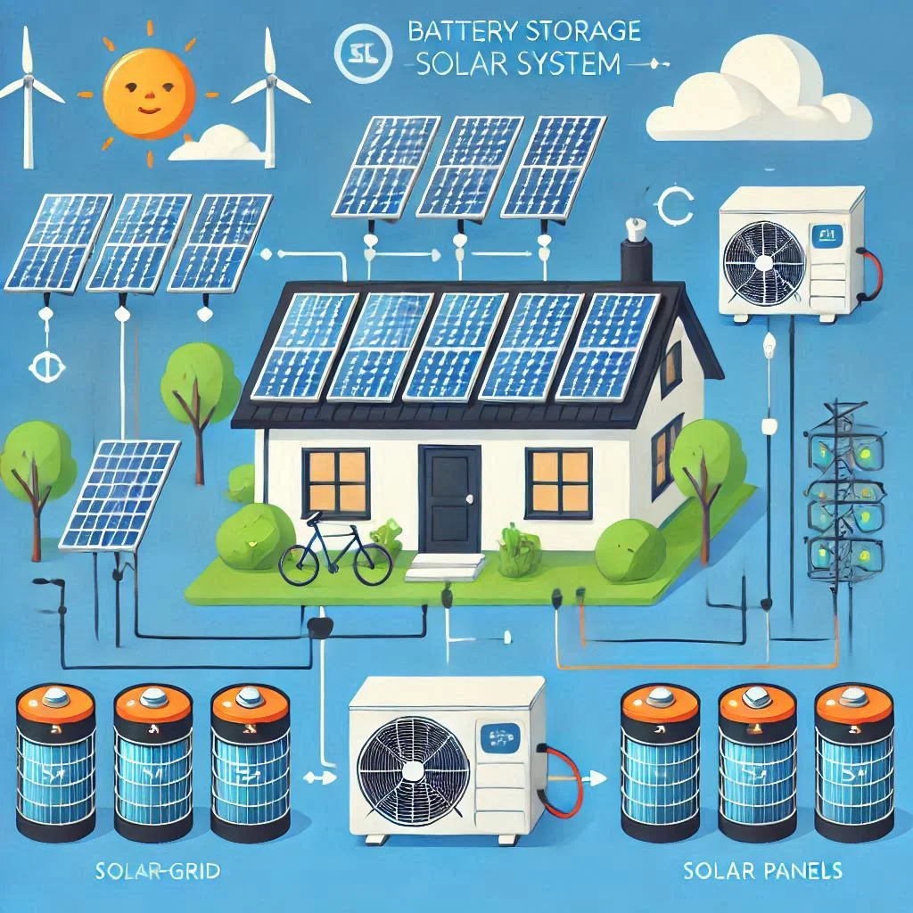 "Infographic showing how battery storage works in an off-grid solar system, with solar panels charging batteries and powering an AC unit."