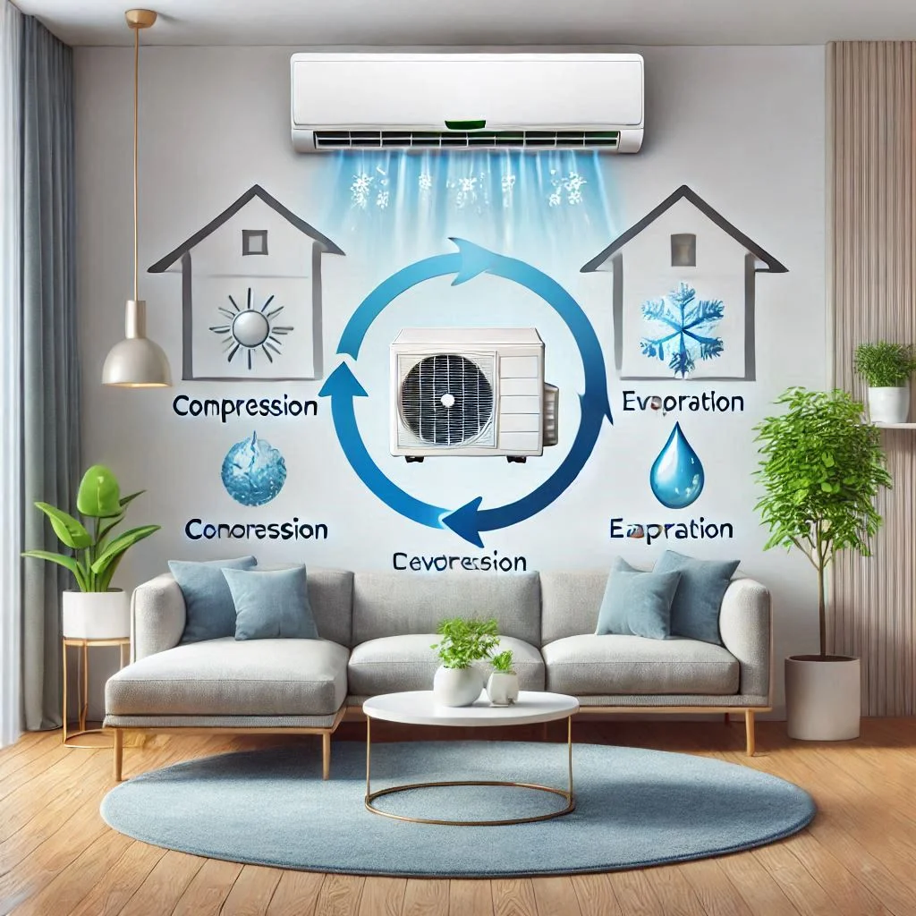 "Illustration showing an air conditioner’s refrigeration cycle with labels pointing to compression, condensation, evaporation, and cooling of indoor air. The image should emphasize cooling in a modern living room."