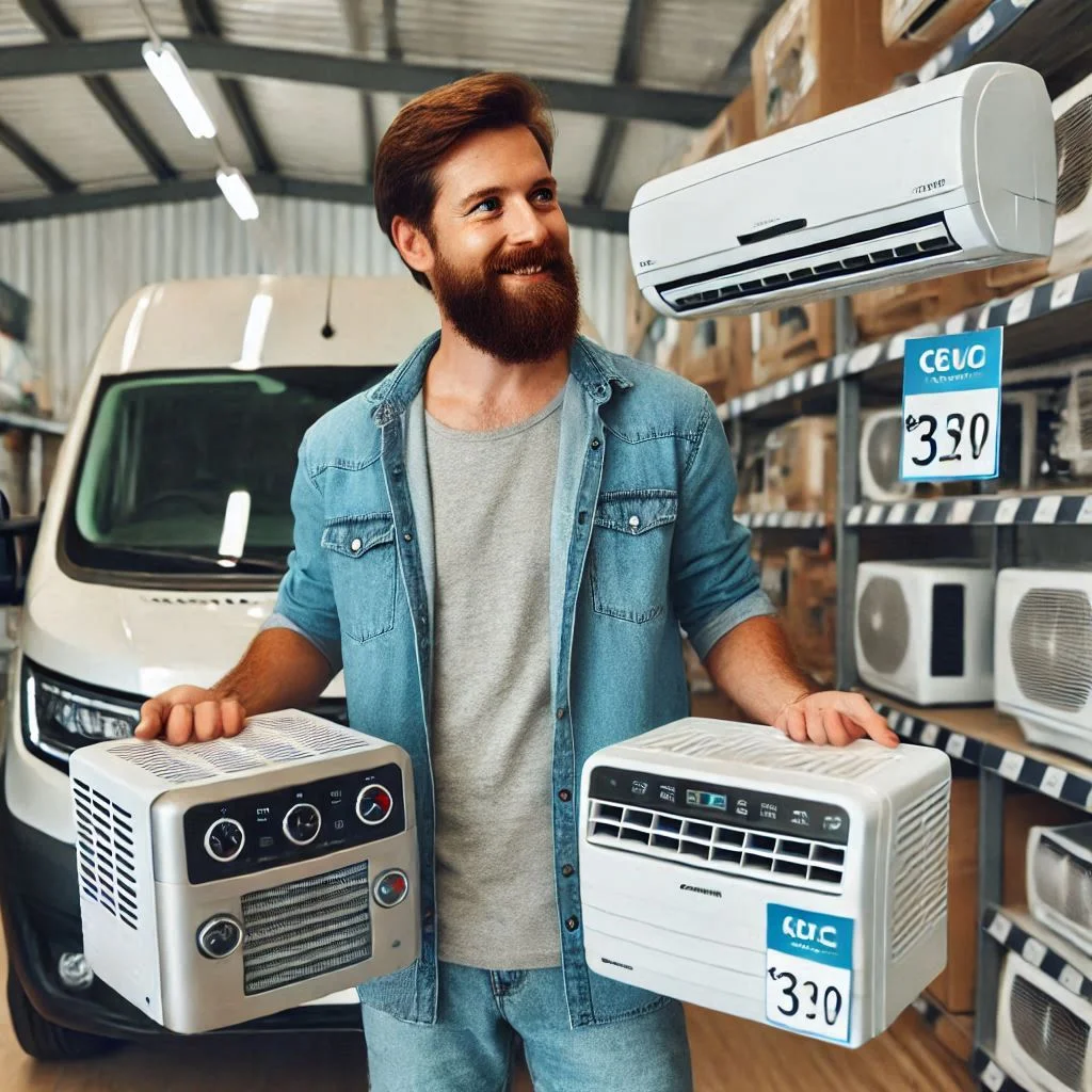 A camper van owner comparing air conditioner options in a store, holding two units with visible price tags and feature descriptions.