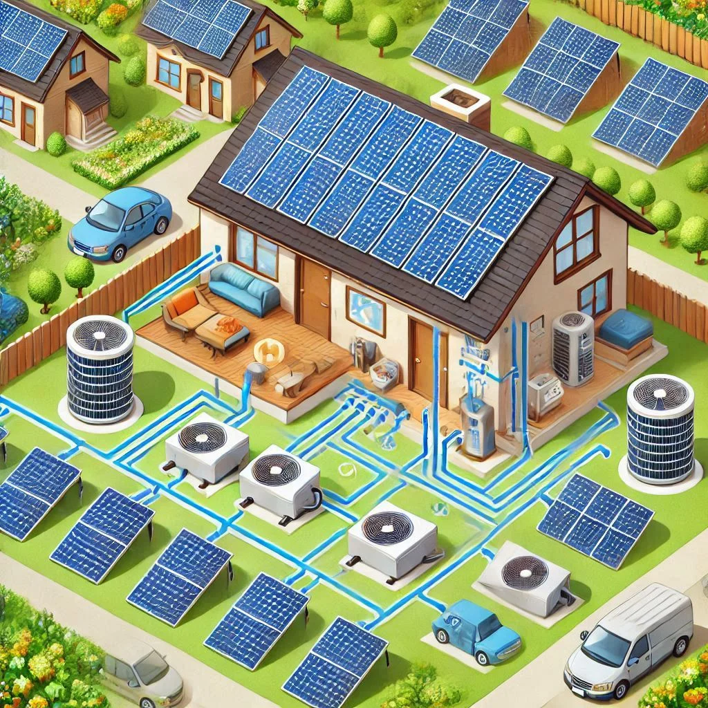 "Diagram of an on-grid solar AC system showing solar panels connected to the grid and powering an air conditioning unit."