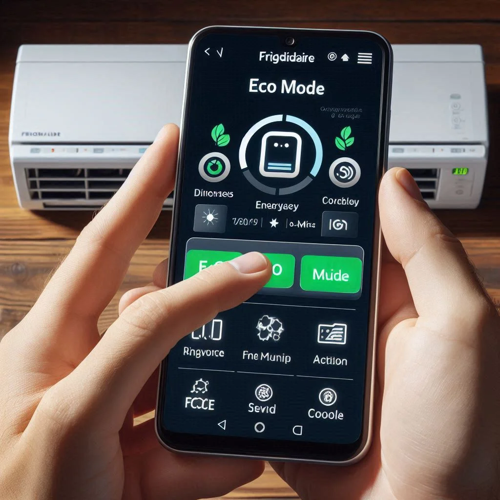 A Frigidaire air conditioner display screen showing the eco mode or energy-saving settings being selected using the remote control.