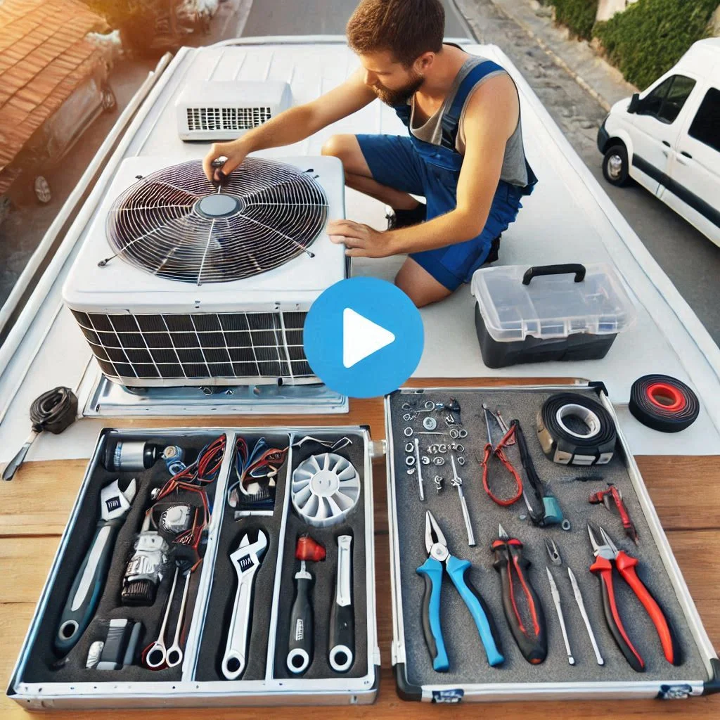 A video thumbnail showing a technician installing an RV air conditioner on the roof, with tools and parts neatly organized nearby.