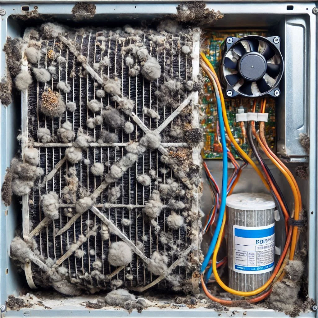 "A detailed image of black mold growing on the interior components of a window air conditioner, including the filter and coils, highlighting visible mold issues."