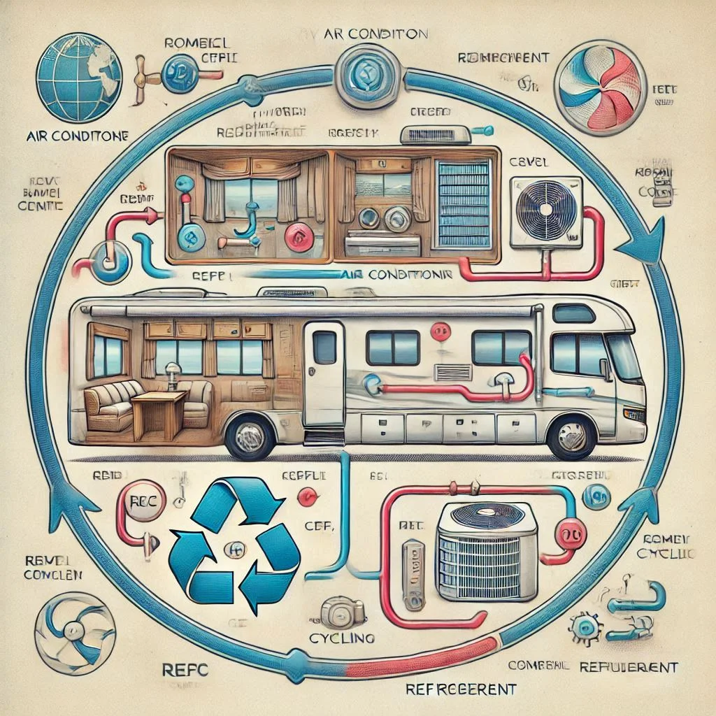 "Diagram of an RV air conditioner showing the cooling process with refrigerant cycling."