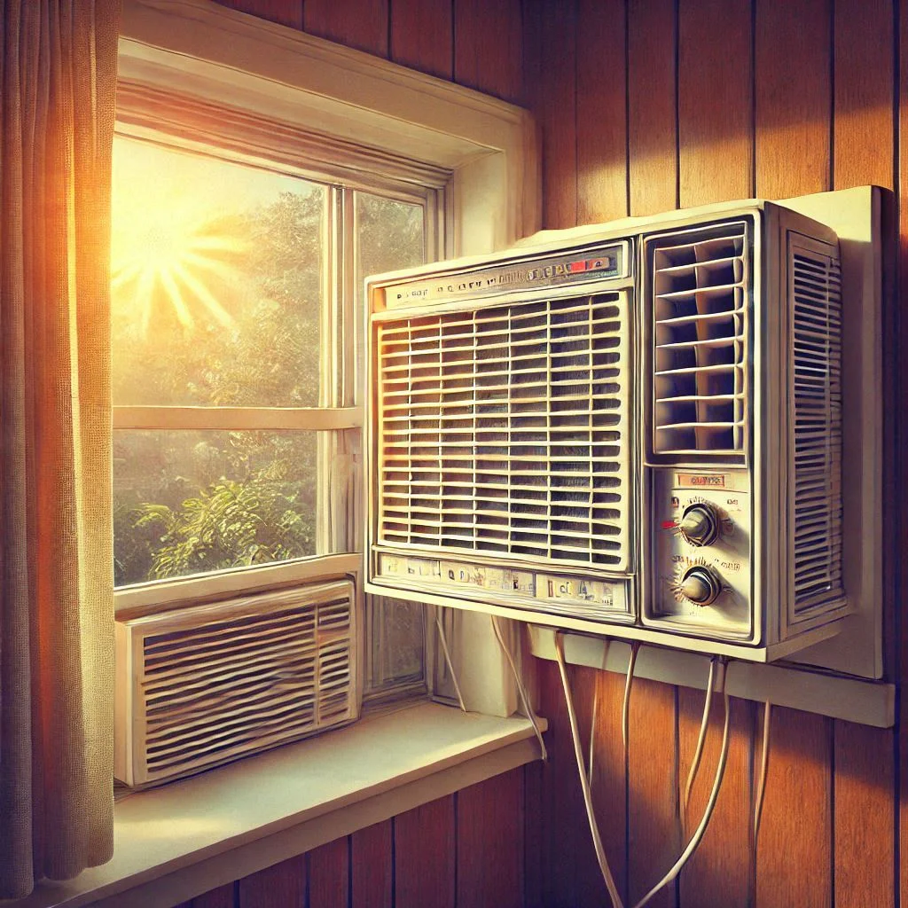 A vintage image of a 1960s window air conditioning unit installed in a home, illustrating the technological advancements that made air conditioning more accessible to the public.