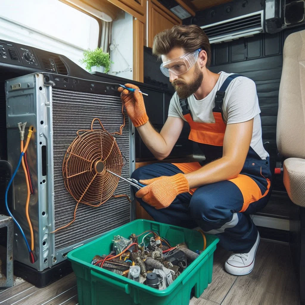 : Image showing a technician replacing worn-out parts, such as an evaporator coil or condenser fan, in an RV AC unit.