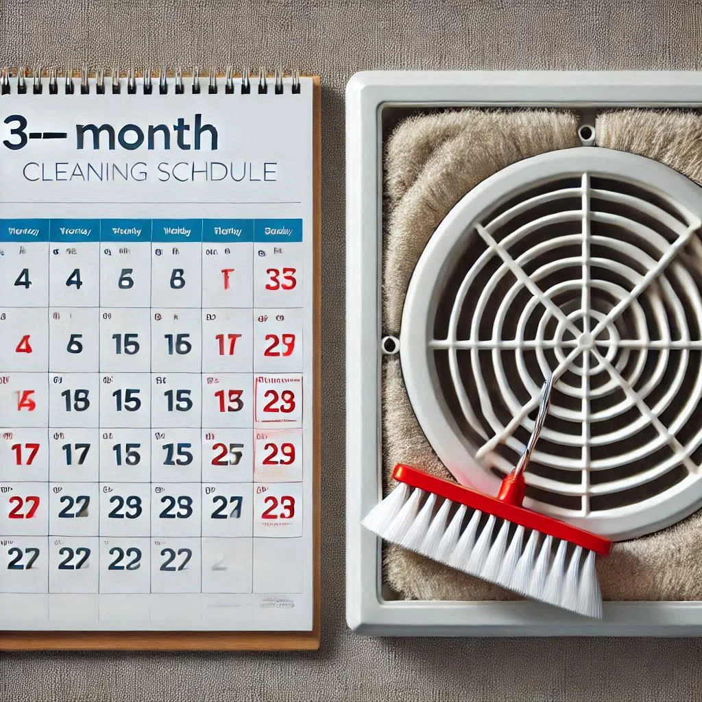 A clean, well-maintained vent cover beside a calendar highlighting a 3–6-month cleaning schedule.