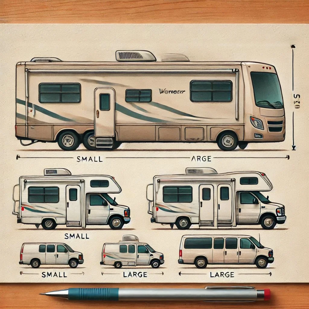 A side-by-side comparison of small and large RVs with corresponding air conditioners, showing how size affects wattage consumption.