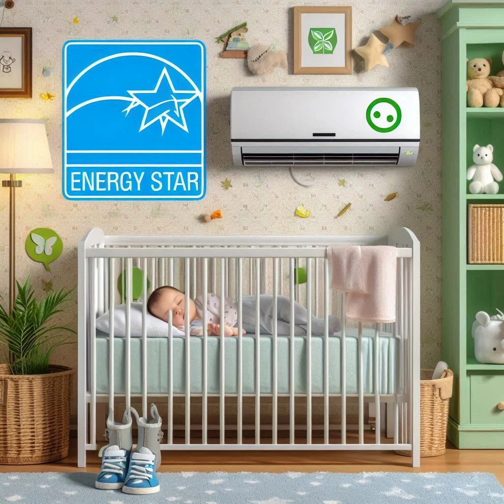 A nursery with an air conditioner showing an Energy Star label and an eco-friendly symbol, highlighting its energy-saving features.