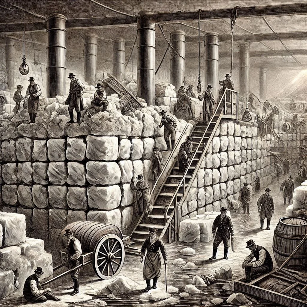 A historical image of early cooling systems used in the 19th century, such as large ice blocks or early refrigeration units.