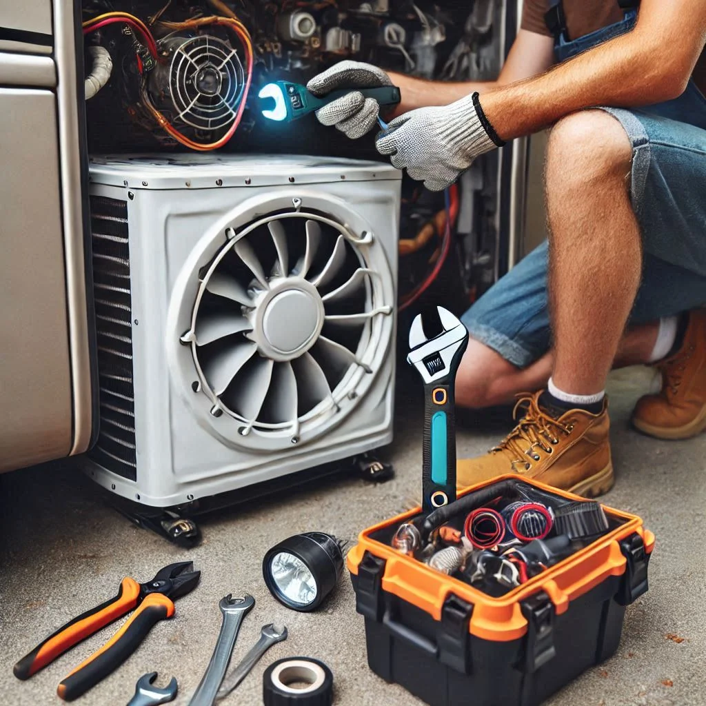 A person inspecting an RV air conditioner for leaks and loose connections, with tools like a wrench and a flashlight visible.