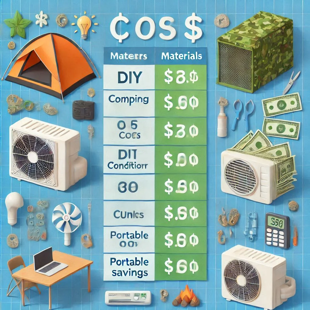 "A cost comparison table between DIY camping air conditioner materials and portable AC units, highlighting savings."