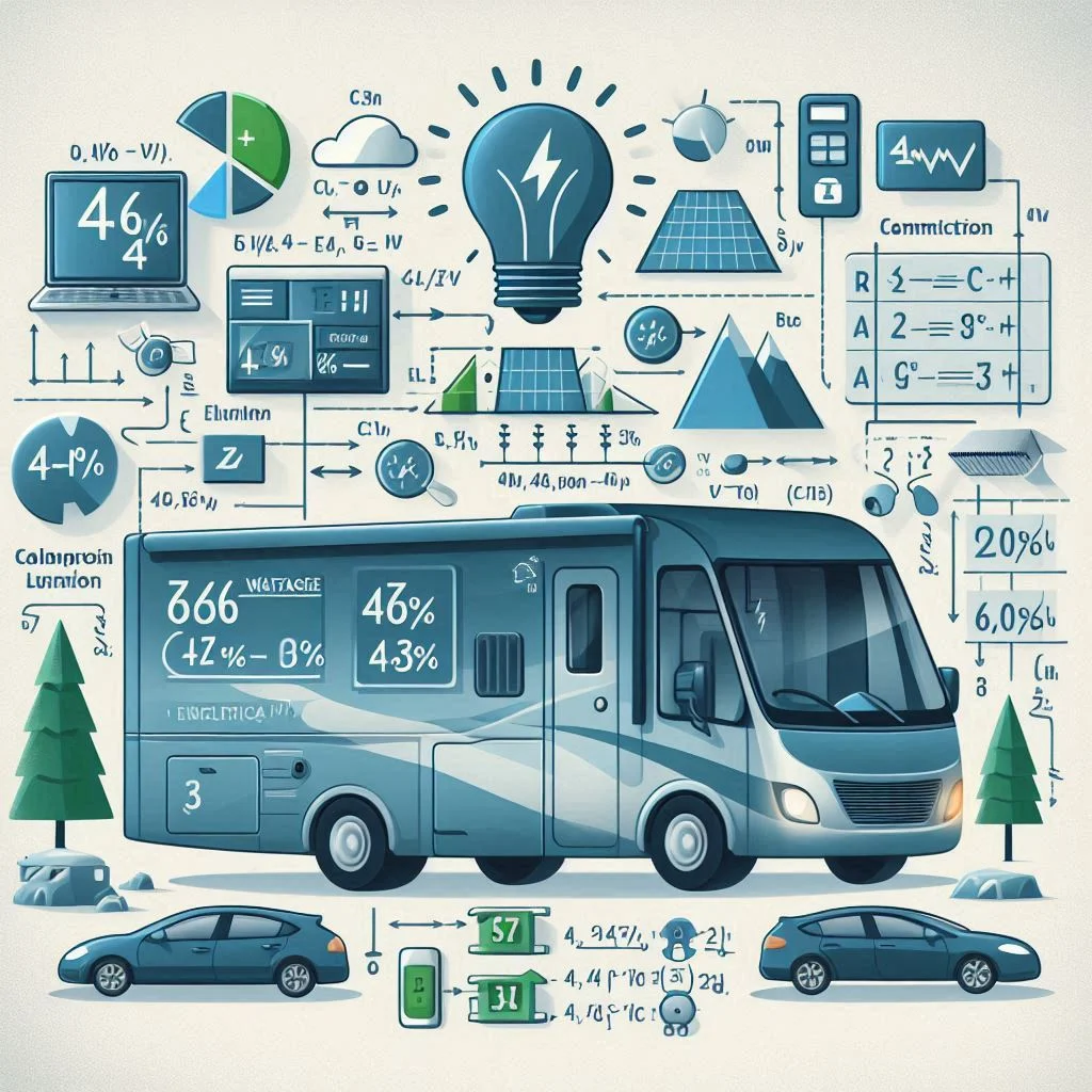 "An infographic showing the formula for calculating the electricity usage of an RV air conditioner per hour based on wattage and hours of operation."