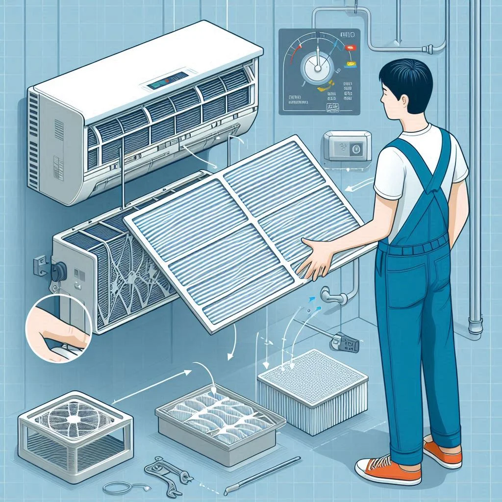 "Illustration of a person removing the air filter from an air conditioner unit, showing the filter's location and handling process."