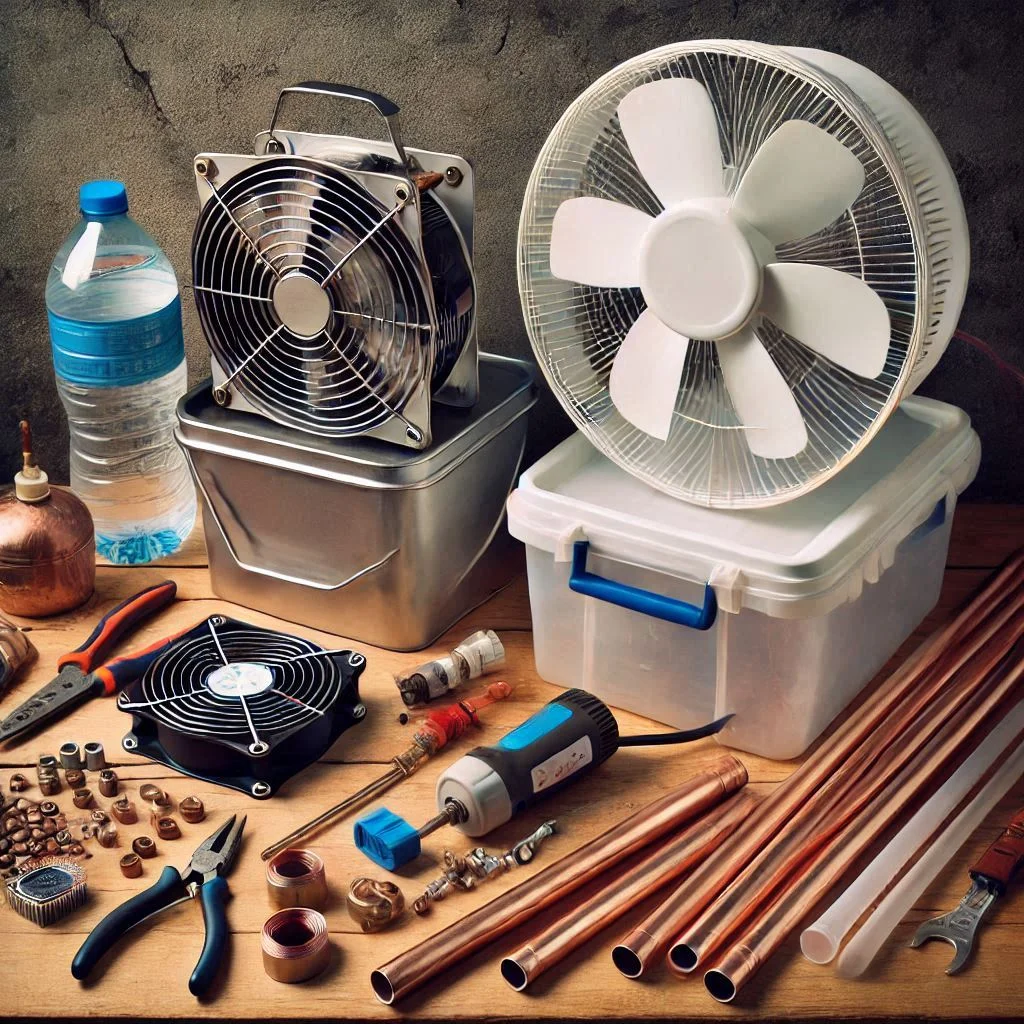 "An array of materials for building a DIY camping air conditioner: a portable fan, copper tubing, water pump, and a plastic bucket, placed on a workbench."