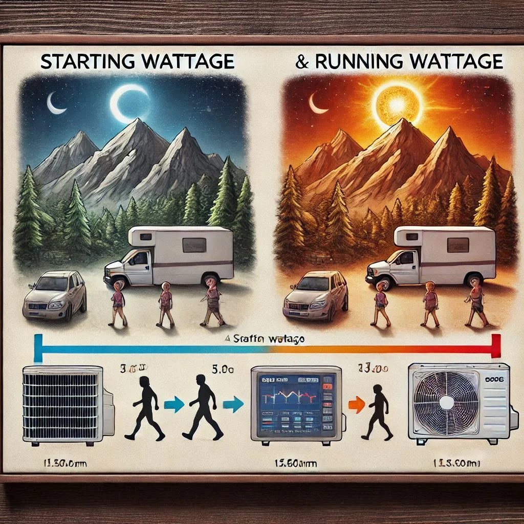 "A diagram showing the difference between starting wattage and running wattage for RV air conditioners"