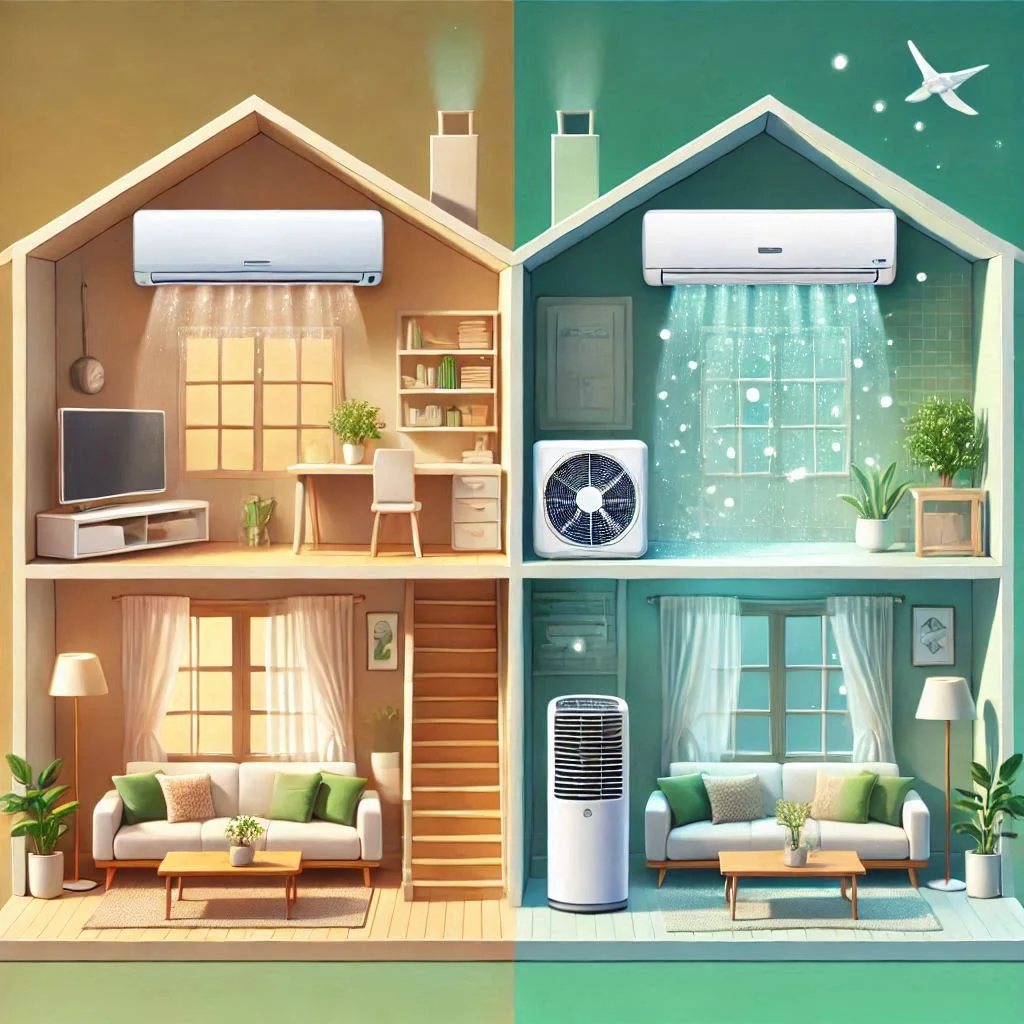 "Side-by-side visual of a home with an air conditioner and an air purifier in different rooms, highlighting their benefits for air quality and comfort."