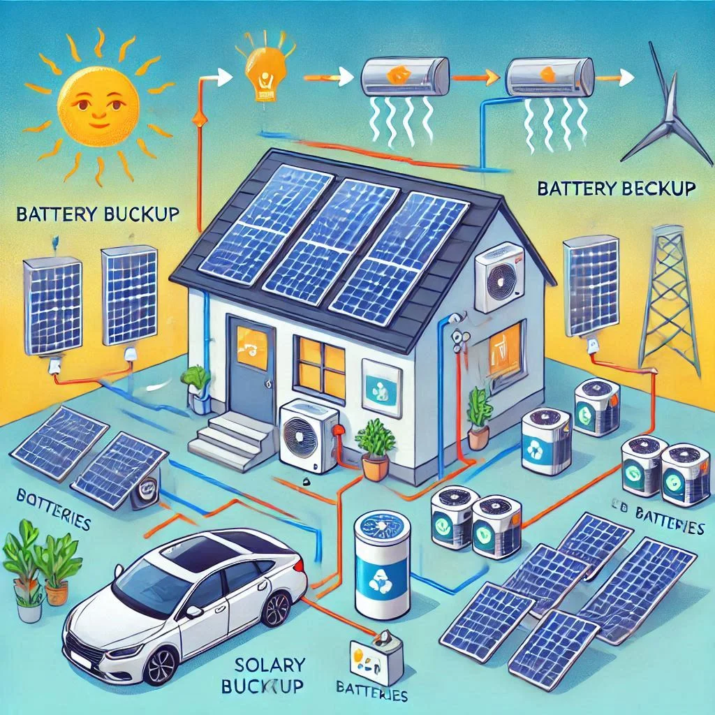 "Diagram showing how battery backup works in a solar-powered AC system, illustrating energy flow from solar panels to batteries and then to the air conditioner."